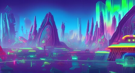 Illustration of an alien landscape with giant building structures in a colorful city like environment with futuristic neon lights digital art