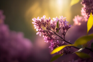 Obraz na płótnie Canvas Close-up of a purple lilac during sunrise , background blurred made with Generative AI 