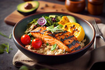 food, brown rice, grilled salmon bowl, cherry tomatoes, avocado, vegetable, salad, plate, meat, pepper, tomato, lunch, healthy, cooking, pan, hot, onion