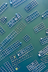 Aerial view of fish farms in Batur lake in Bali Indonesia