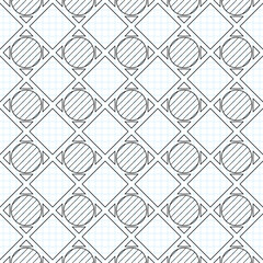 Seamless Geometric Pattern, Drawn on Checkered Notebook. Endless Modern Mosaic Texture.  Fabric Textile, Wrapping Paper, Wallpaper. Vector Contour Illustration. Coloring Book Page