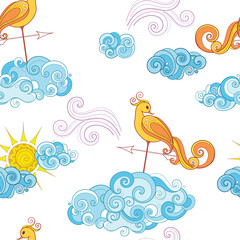 Fairytale Weather Forecast Seamless Pattern. Endless Texture with Romantic Weathercocks. Fantasy Cartoon Design on White Background. Vector Contour Illustration. Abstract Art