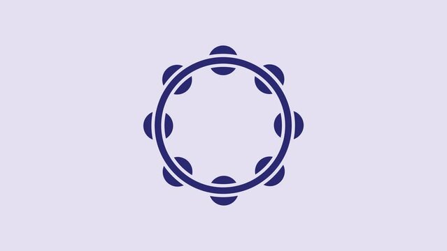 Blue Musical instrument percussion tambourine, with metal plates icon isolated on purple background. 4K Video motion graphic animation