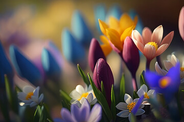 close up of a typical spring flower bed, blurred background made with Generative AI 