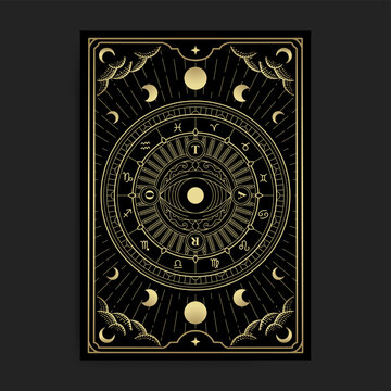 Wheel of fortune eye tarot card golden illustration