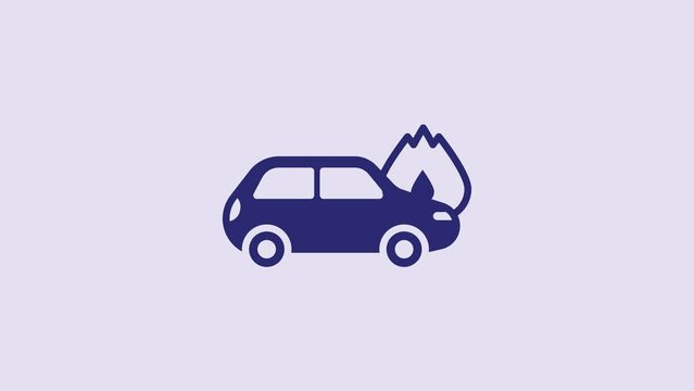 Blue Burning car icon isolated on purple background. Car on fire. Broken auto covered with fire and smoke. 4K Video motion graphic animation