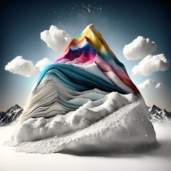 Giant mountain made of laundry with snow on top created with AI