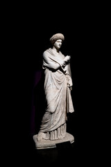 Vertical photo of marble female statue, aged statue in Istanbul Archaeological Museums, aesthetics Greek marble artwork