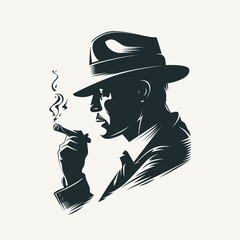 Silhouette of a man in a hat smoking a cigar. Retro style vector illustration of noir gentleman. - obrazy, fototapety, plakaty