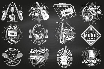 Retro music poster, banner on chalkboard. Retro microphone, saxophone , audio cassette, classical acoustic guitar with sunburst vintage typography design for t shirt, emblem, logo, badge design