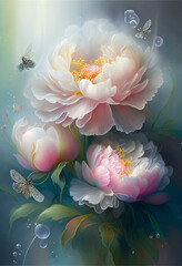 Fototapeta na wymiar painting of two peonies and a dragonfly. generative ai.