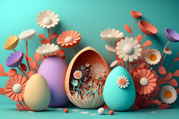 3d render of eggs and flowers for easter day greeting card background made with Generative AI