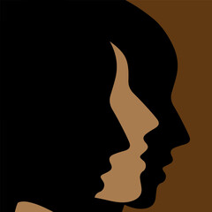 Beautiful woman with curly black hair, optical illusion curly hair that actually other face silhouette. Negative space concept 