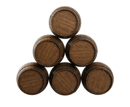 Wooden barrels stacked on a white background