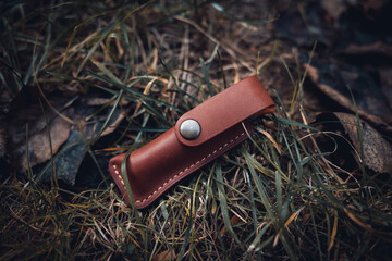 A folding knife with a handmade leather sheath on grass and autumn leaves with moody tones.