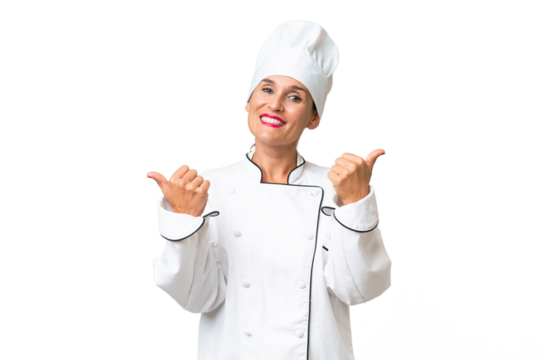 Middle-aged chef woman over isolated background with thumbs up gesture and smiling