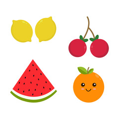 Cute Fruit, Happy cute set of smiling fruit faces. Vector set for template design elements