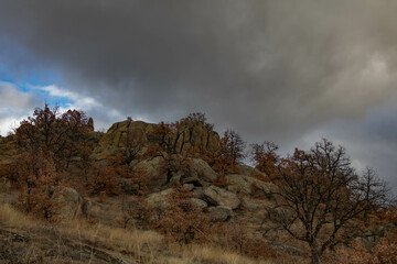 Raven Peak; Giant stones fragments in the mountain near the Thracian tomb. Bulgaria 