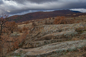 Raven Peak; Giant stones fragments in the mountain near the Thracian tomb. Bulgaria 