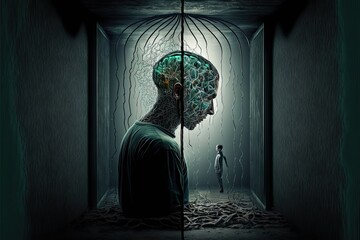 Concept of mental disease with a dark illustration of a adult man with a child on background. Memories. Generative AI
