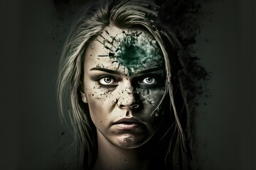 Concept of mental disease with a dark illustration of a woman with broken forehead. Generative AI