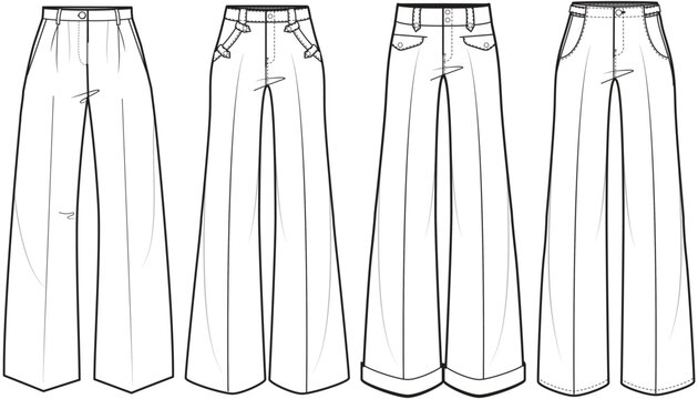 Retro Pant, Boot Cut Pant, Flared Trouser, Pant Set Fashion Illustration, Vector, CAD, Technical Drawing, Flat Drawing, Template, Mockup