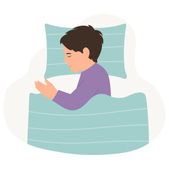 The boy sleeping in bed. A kid lying on a pillow and covered with a blanket.Vector illustration