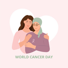 World cancer day. Mother and daughter. Portrait of young woman hugging her grandma. Friendly family relationship. Vector flat illustration