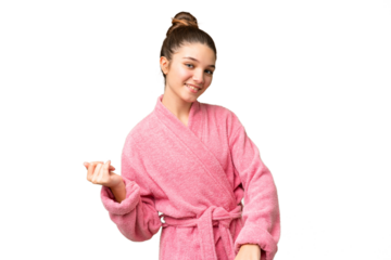 Teenager girl in a bathrobe over isolated chroma key background making guitar gesture