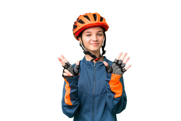 Teenager cyclist girl over isolated chroma key background counting eight with fingers - obrazy, fototapety, plakaty