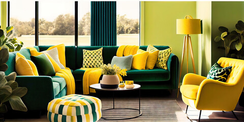 green and yellow Living room interior design made by generative AI