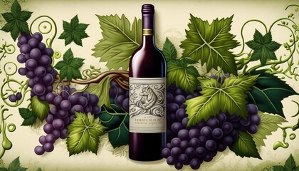 Red wine in a bottle with bunch of grapes and leaves around it
