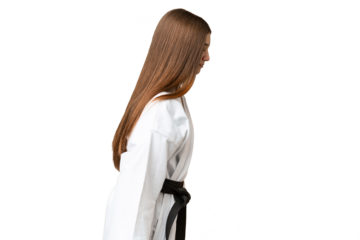 Teenager girl over isolated chroma key background doing karate and saluting