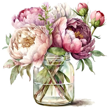 Flowers watercolor painting, glass jar with garden flowers and leaves,  greeting card, invitation, poster, wedding decoration and other images. Illustration isolated on white. Generative AI