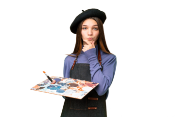 Young artist man holding a palette over isolated chroma key background thinking