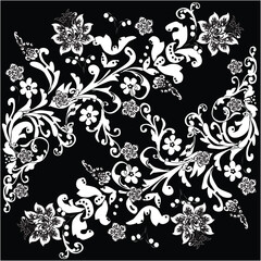 white on black square floral abstract design