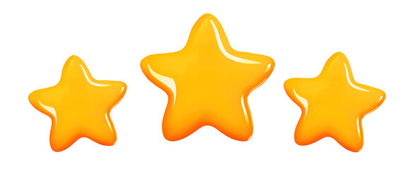 Three glossy yellow stars. Achievements for games. Customer rating feedback concept from client about employee or website. Realistic 3d design illustration for mobile applications