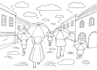 Rain in city street road graphic black white landscape sketch illustration vector