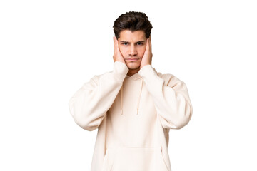 Young caucasian handsome man over isolated background frustrated and covering ears