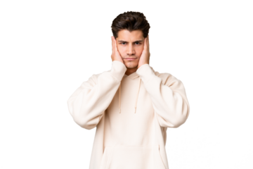 Young caucasian handsome man over isolated background frustrated and covering ears