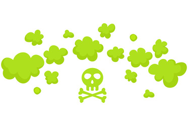 Smelling green cartoon fart cloud style design vector illustration with crossbone skull. Stinky smoke set. Green fart clouds, toxic steam, odor. For bad smell, disgusting stink, poor hygiene