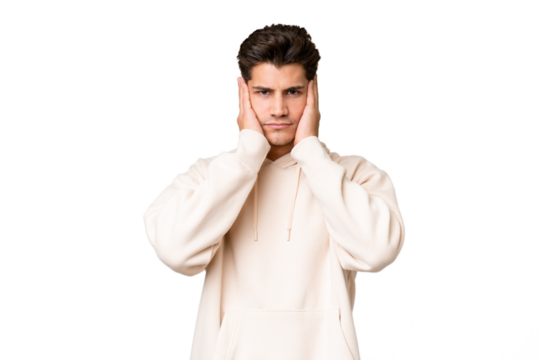Young caucasian handsome man over isolated background frustrated and covering ears