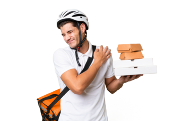 Young caucasian man with thermal backpack over isolated background suffering from pain in shoulder for having made an effort