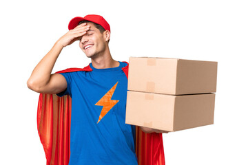 Super Hero delivery man over isolated background has realized something and intending the solution