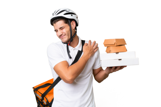 Young caucasian man with thermal backpack over isolated background suffering from pain in shoulder for having made an effort