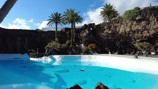 Lanzarote 2023  , Jameo del Agua , lava cave and amazing swimming pool in volcanic landscape   - Cesar Manrique foundation - tourist attraction in Mujeres Canaries