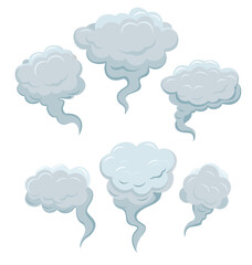 Cartoon dust clouds Set. Comic cloud shape, spray air smoke, fog road, explosion bomb, car gas, puff magic effect, steam wind silhouette, spooky fume smog, gam explode bubbles. Vector illustration