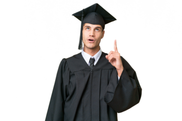 Young university graduate caucasian man over isolated background thinking an idea pointing the finger up