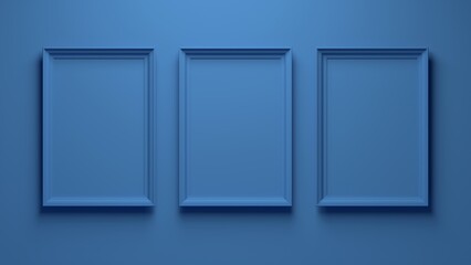 Three frames on the wall. Blue background. 3d render illustration mock up.	
