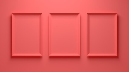 Three frames on the wall. Pink background. 3d render illustration mock up.